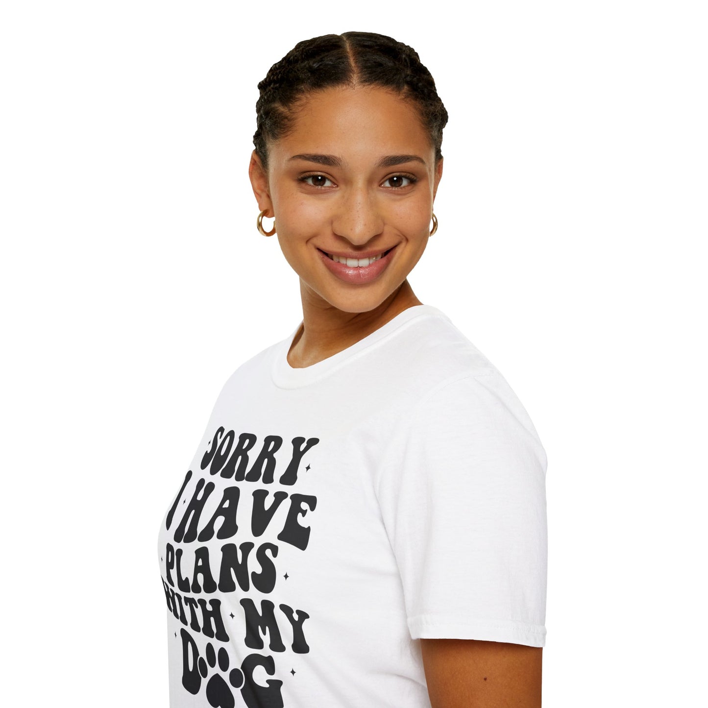 Seiten / Armlängen Ansicht Weißes T-Shirt mit schwarzem Spruch „Sorry I Have Plans With My Dog“ – Lustiges Hunde Shirt für Männer und Frauen