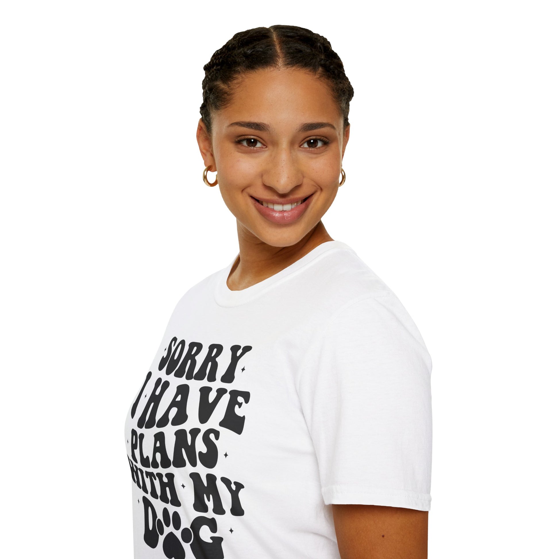 Seiten / Armlängen Ansicht Weißes T-Shirt mit schwarzem Spruch „Sorry I Have Plans With My Dog“ – Lustiges Hunde Shirt für Männer und Frauen