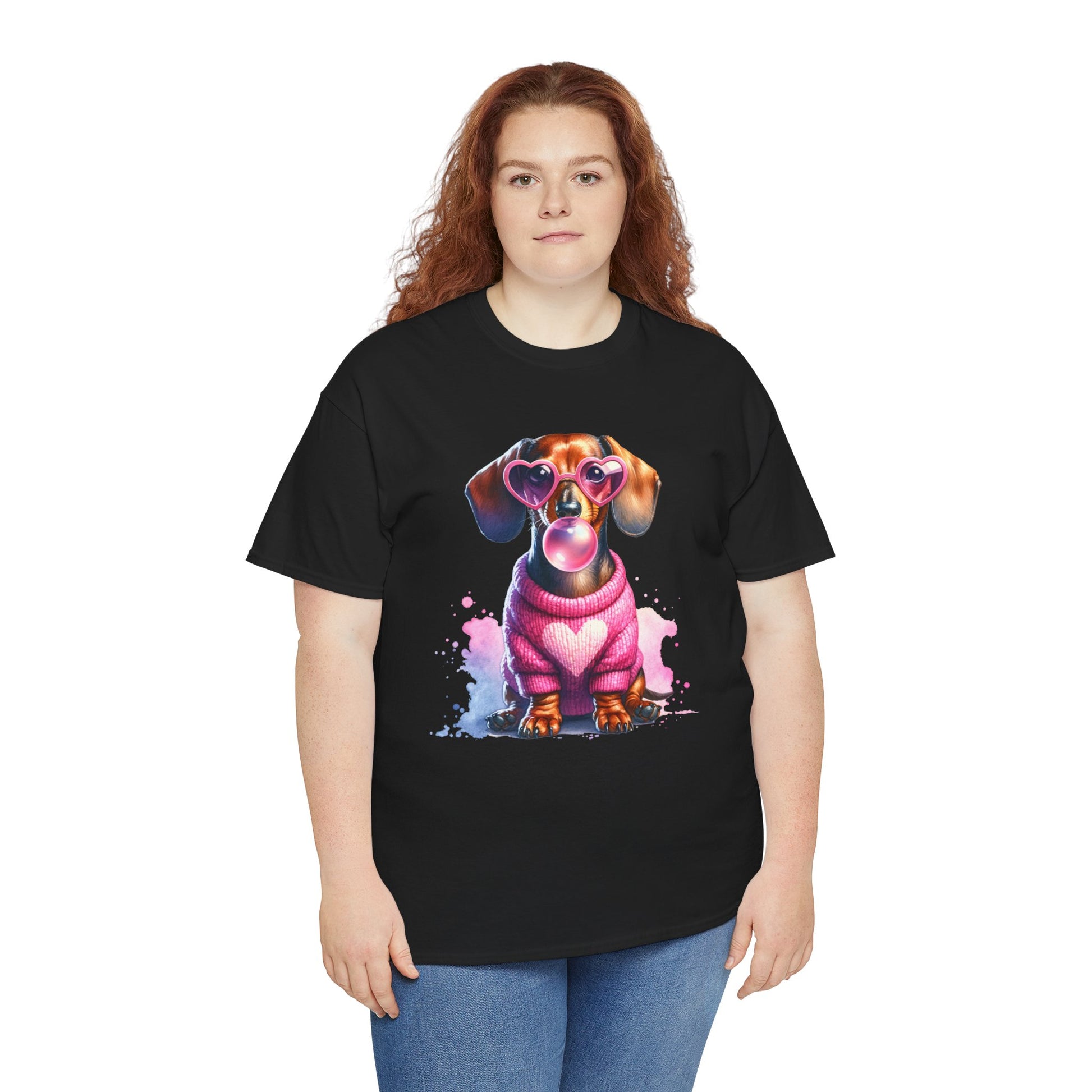 schwarzes Dackel T-Shirt mit rosa Herz-Pullover, Herzbrille und Bubblegum-Motiv – süßes Geschenk für Hundeliebhaber