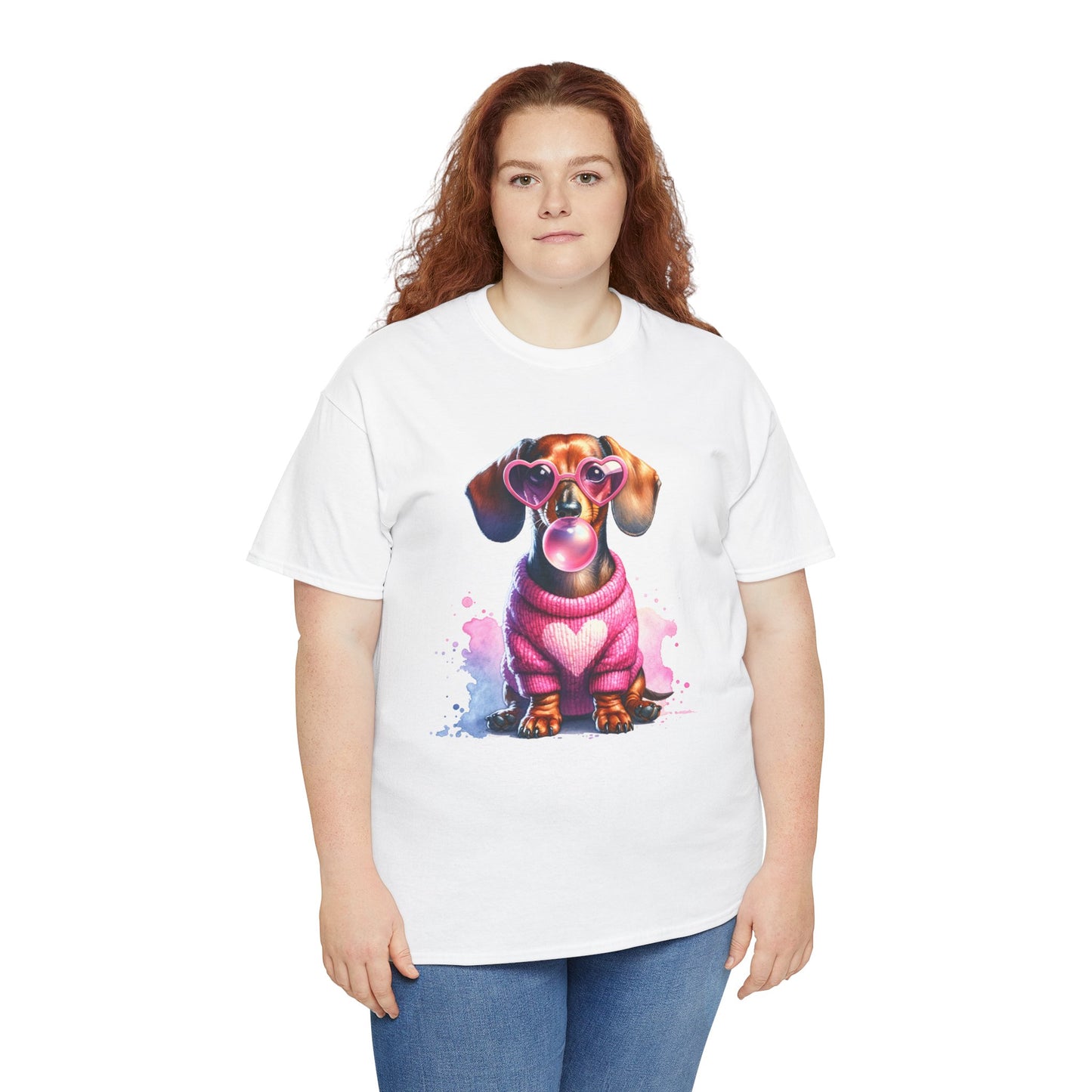 weißes Dackel T-Shirt mit rosa Herz-Pullover, Herzbrille und Bubblegum-Motiv – süßes Geschenk für Hundeliebhaber