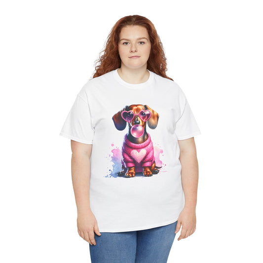 weißes Dackel T-Shirt mit rosa Herz-Pullover, Herzbrille und Bubblegum-Motiv – süßes Geschenk für Hundeliebhaber