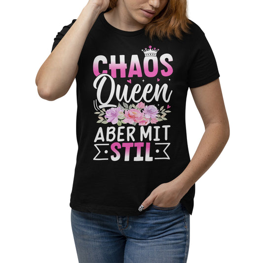 T-Shirt mit Aufdruck 'Chaos Queen aber mit Stil' – lustiges Frauen Funshirt mit Statement