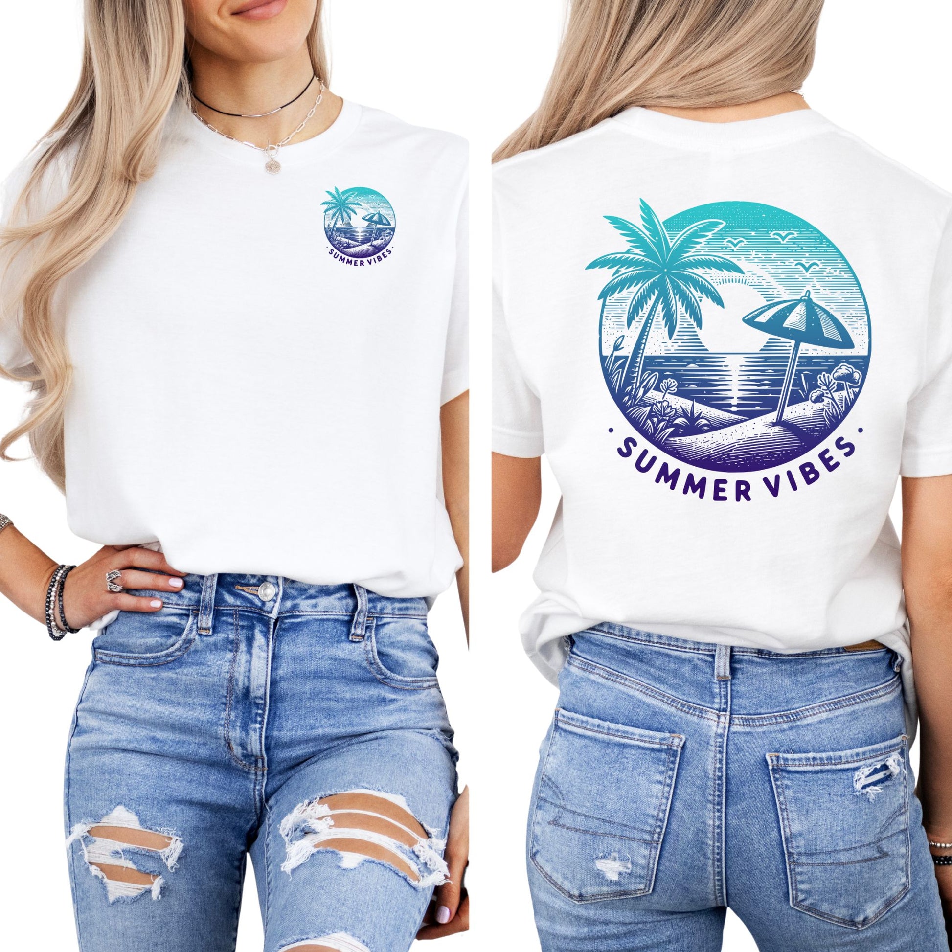 T-Shirt mit Aufdruck 'Summer Vibes' – kleiner Frontprint & großer Rückenprint – Sommerlook Unisex
