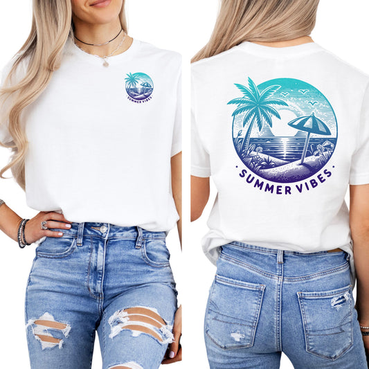 T-Shirt mit Aufdruck 'Summer Vibes' – kleiner Frontprint & großer Rückenprint – Sommerlook Unisex