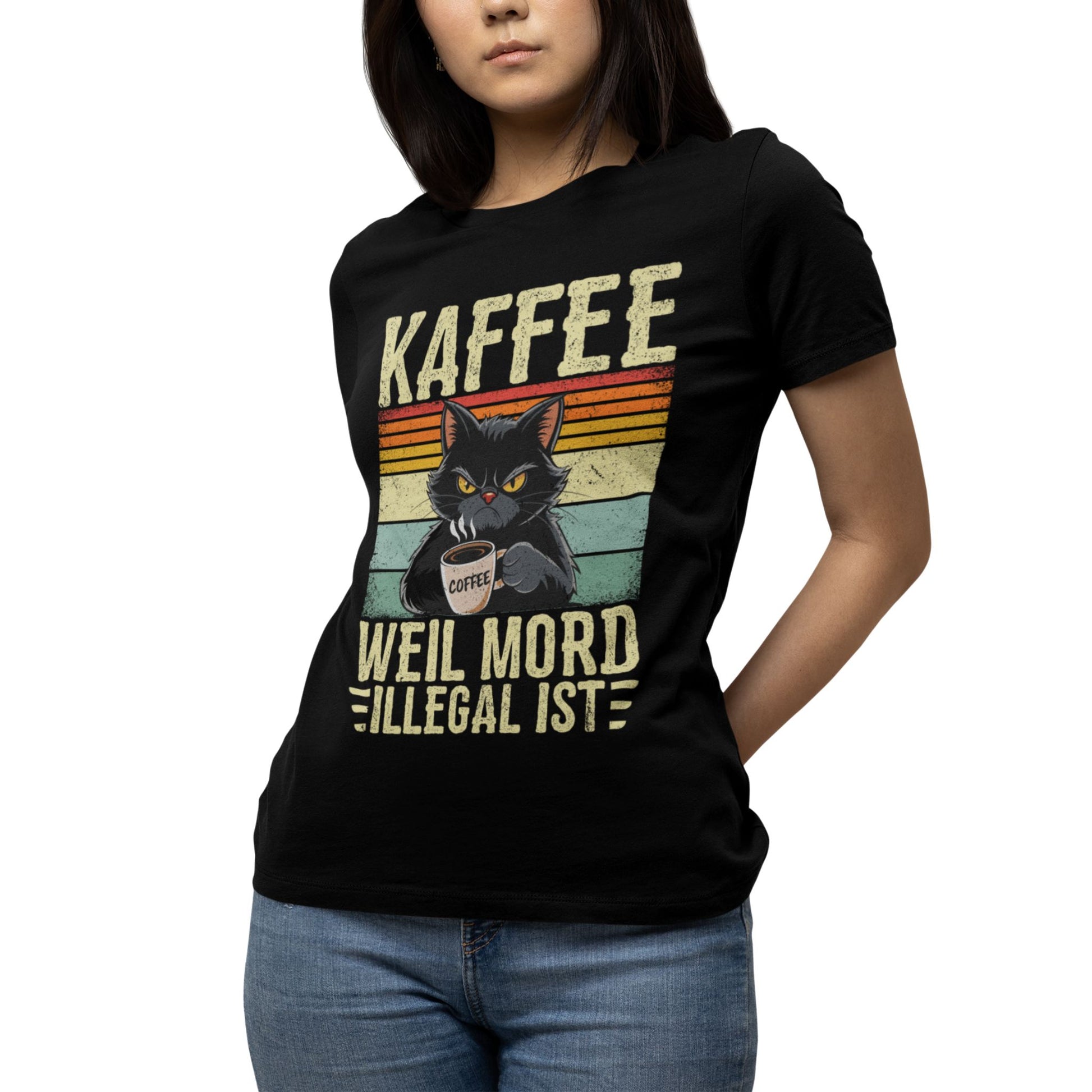 T-Shirt mit Aufdruck 'Weil Mord illegal ist' – lustiges Kaffee Statement Shirt mit schwarzem Humor