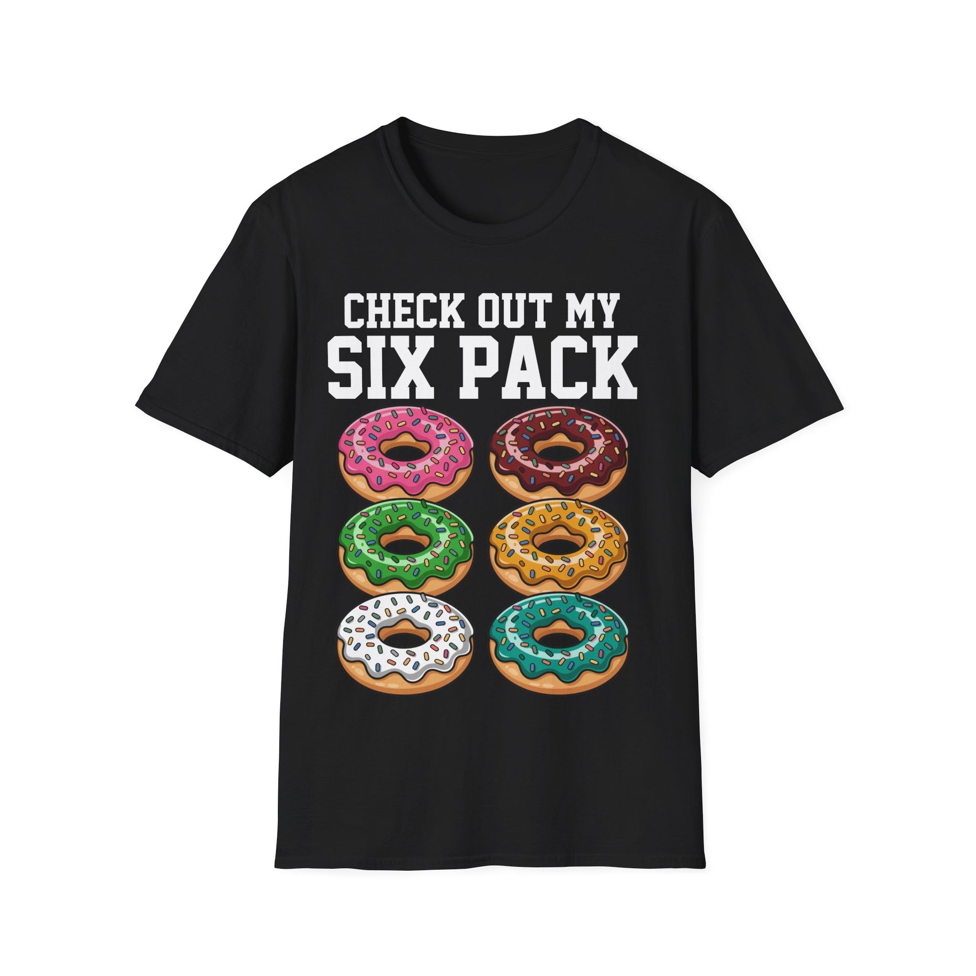 T-Shirt mit Spruch 'Check out my Six Pack' und Donut-Motiv – lustiges Funshirt für Männer und Frauen
