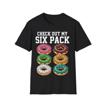 T-Shirt mit Spruch 'Check out my Six Pack' und Donut-Motiv – lustiges Funshirt für Männer und Frauen