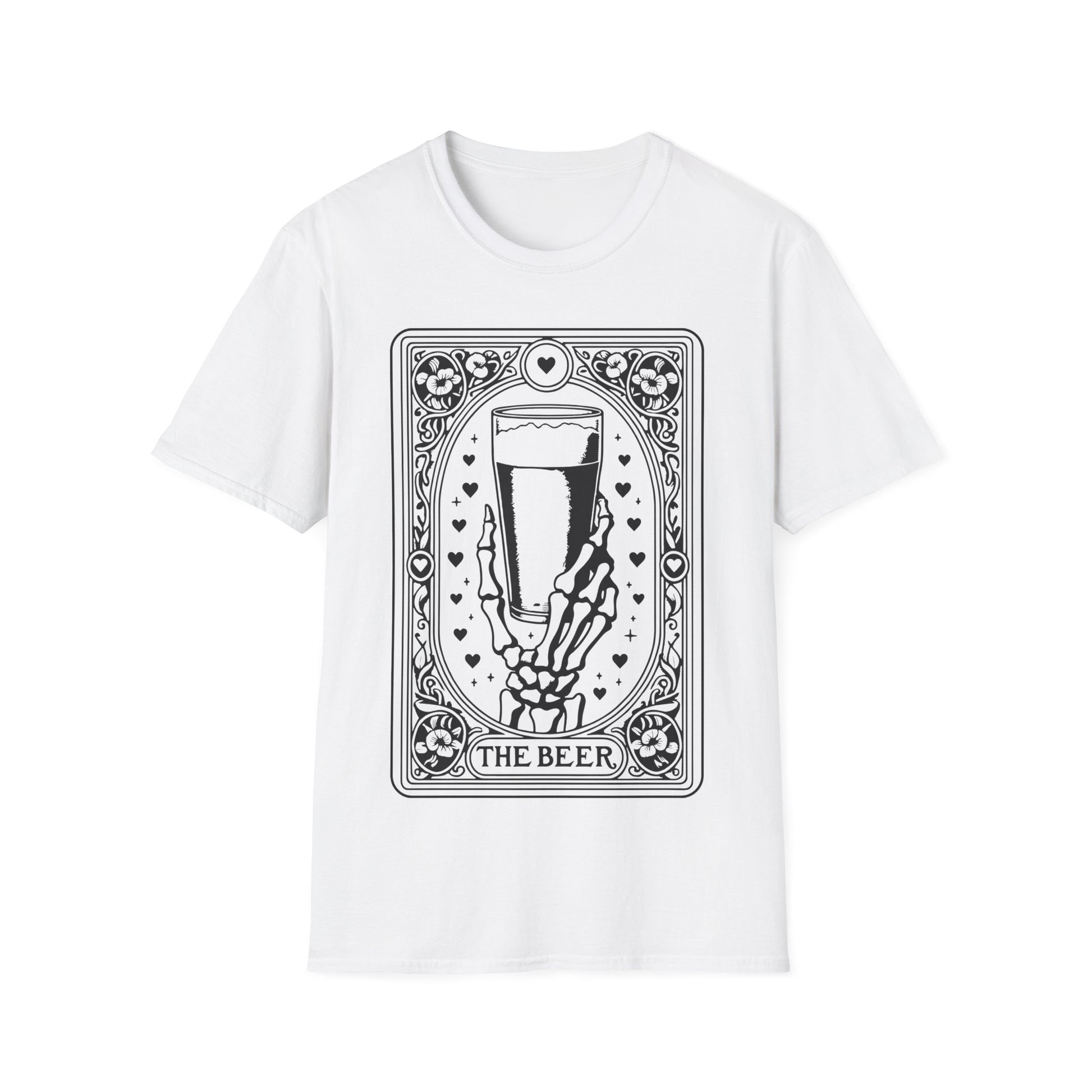 The Beer Tarot T-Shirt – weißes Unisex Shirt mit Skelett und Bierglas im mystischen Tarotkarten-Stil