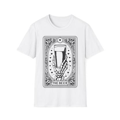The Beer Tarot T-Shirt – weißes Unisex Shirt mit Skelett und Bierglas im mystischen Tarotkarten-Stil