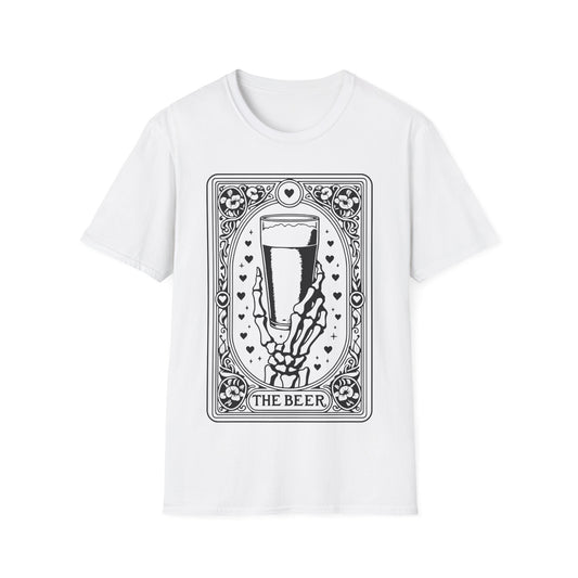 The Beer Tarot T-Shirt – weißes Unisex Shirt mit Skelett und Bierglas im mystischen Tarotkarten-Stil