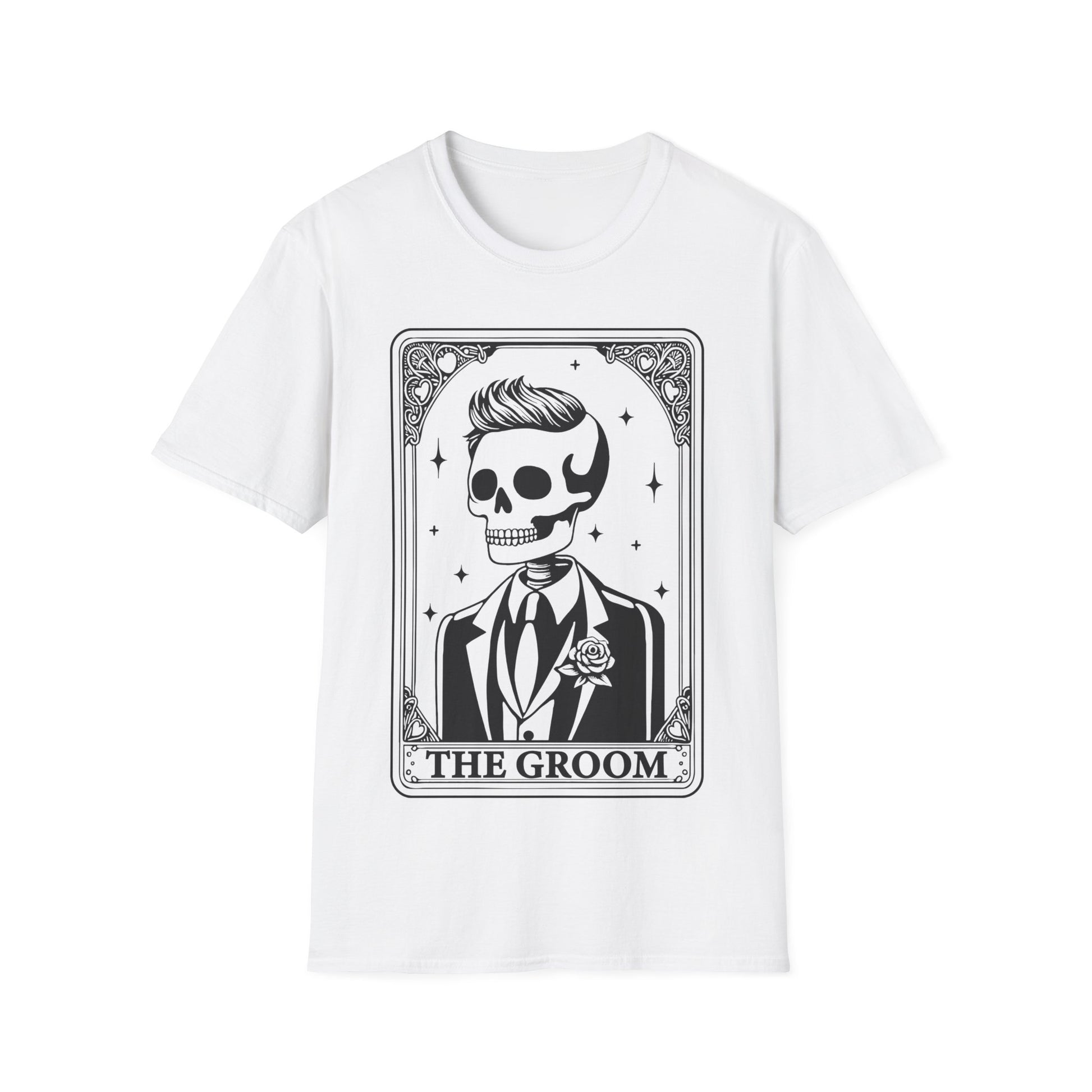 Couple Set 2 Tshirts die man gemeinsam tragen kann als Paar oder Ehepaar 'The Groom' und 'The Bride' – beide im Skelett mystischen Tarot Design."