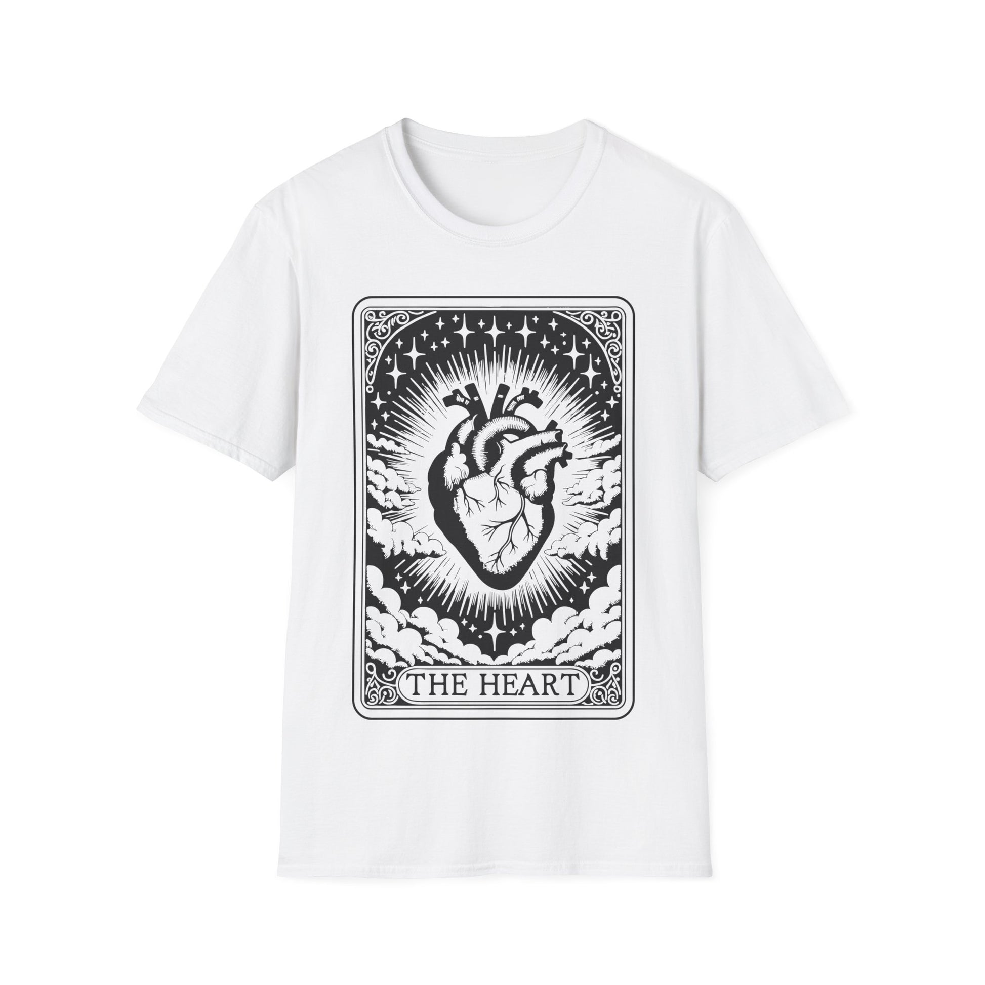The Heart Tarot T-Shirt – weißes Unisex Shirt mit anatomischem Herz im mystischen Tarotkarten-Stil“