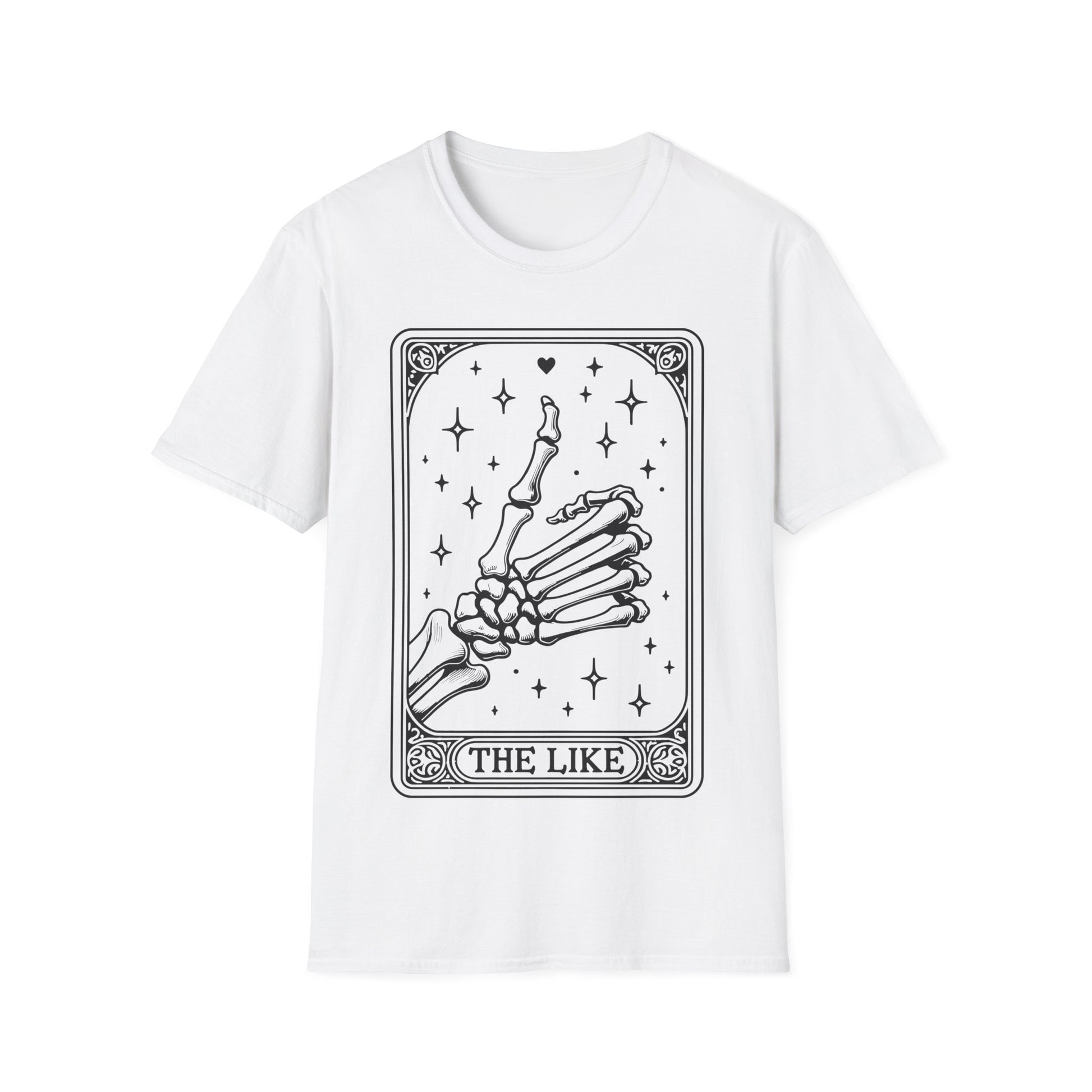 The Like Tarot T-Shirt – weißes Unisex Shirt mit Skelett und Daumen hoch im Tarotkarten-Stil