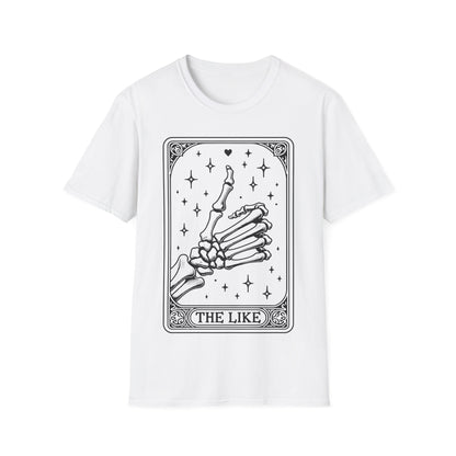 The Like Tarot T-Shirt – weißes Unisex Shirt mit Skelett und Daumen hoch im Tarotkarten-Stil