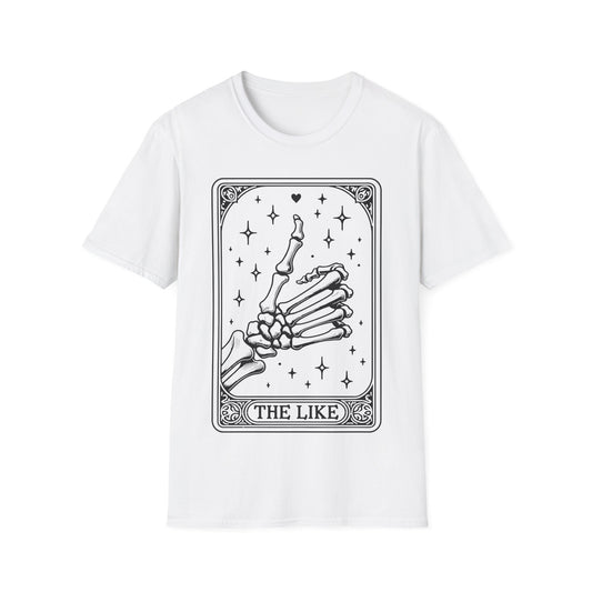 The Like Tarot T-Shirt – weißes Unisex Shirt mit Skelett und Daumen hoch im Tarotkarten-Stil