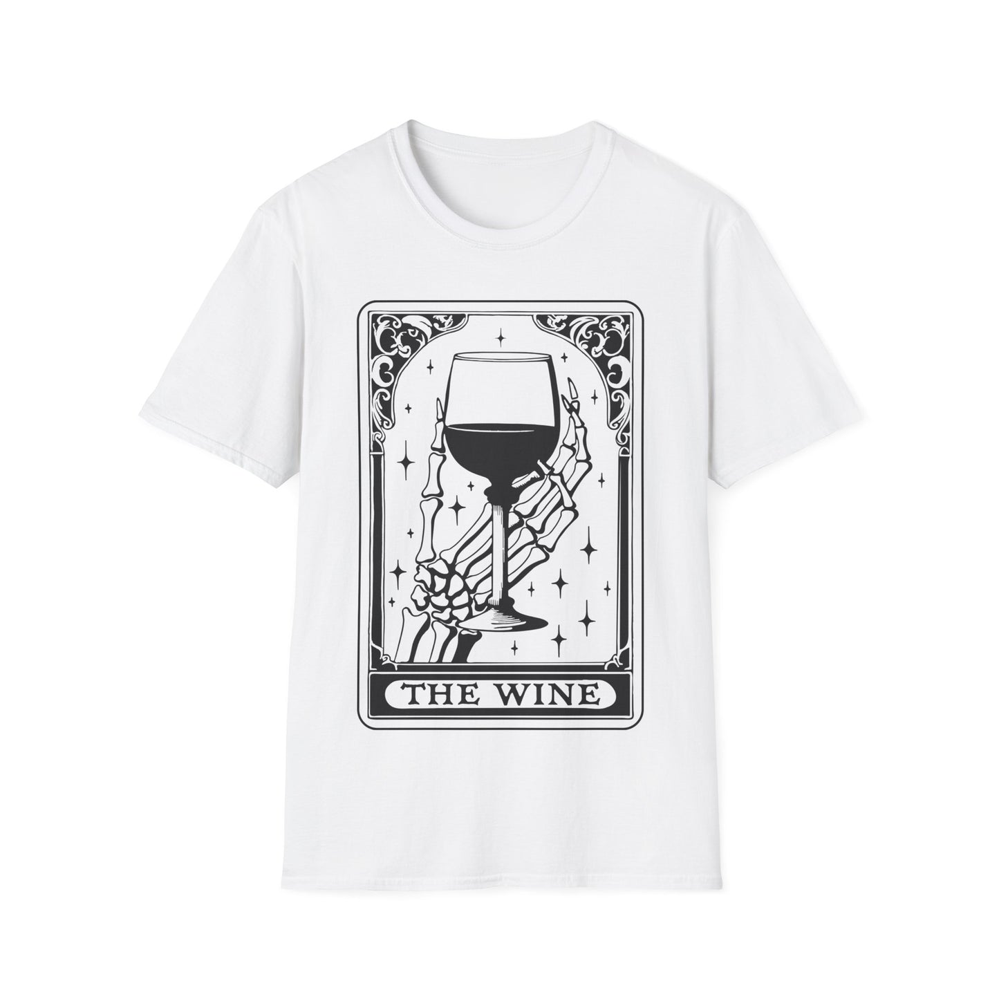 The Wine T-Shirt – weißes Unisex Shirt mit Tarotkarten Design, Skelett mit Weinglas