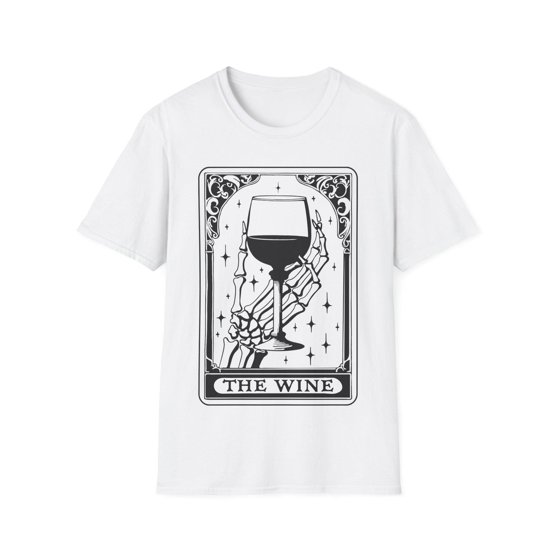 The Wine T-Shirt – weißes Unisex Shirt mit Tarotkarten Design, Skelett mit Weinglas
