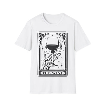 The Wine T-Shirt – weißes Unisex Shirt mit Tarotkarten Design, Skelett mit Weinglas