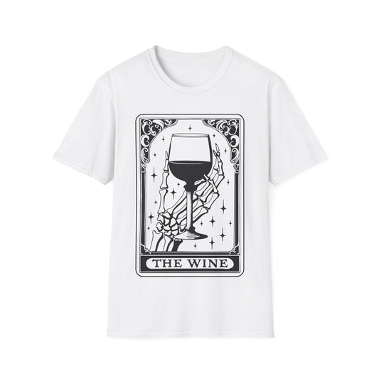 The Wine T-Shirt – weißes Unisex Shirt mit Tarotkarten Design, Skelett mit Weinglas