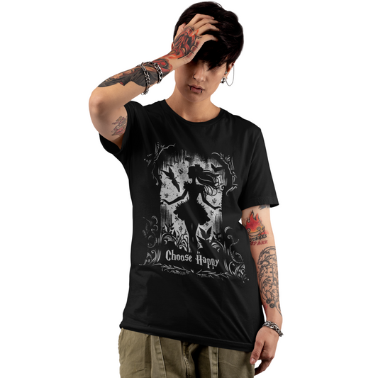 Gothic T-Shirt mit Aufdruck ‚Choose Happy‘ – schwarzes Unisex Shirt mit positiver Botschaft in düsterem Design