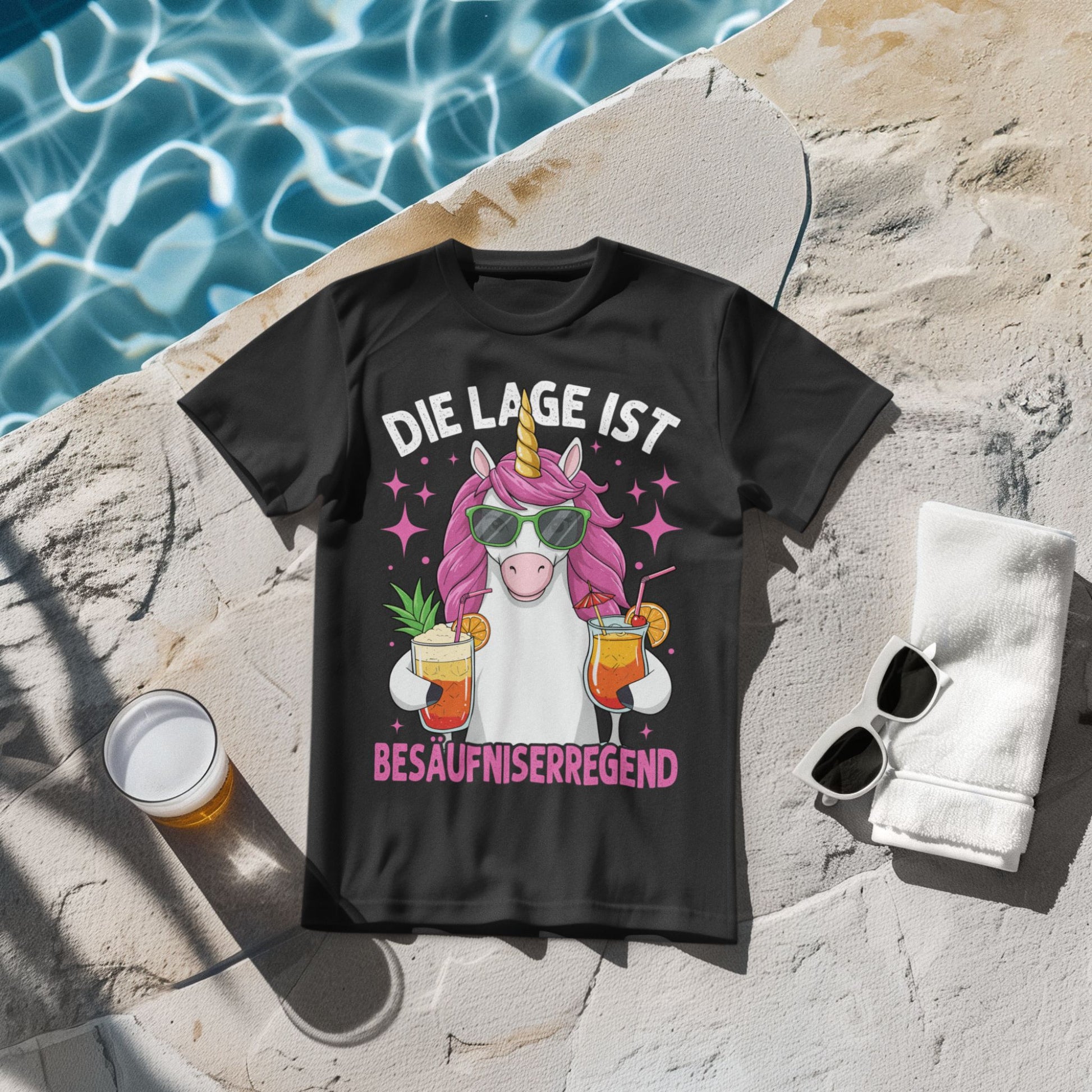 Unisex T-Shirt mit Einhorn und Spruch 'Die Lage ist besäufniserregend' – witziges Partymotiv mit Cocktails"