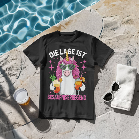 Unisex T-Shirt mit Einhorn und Spruch 'Die Lage ist besäufniserregend' – witziges Partymotiv mit Cocktails"