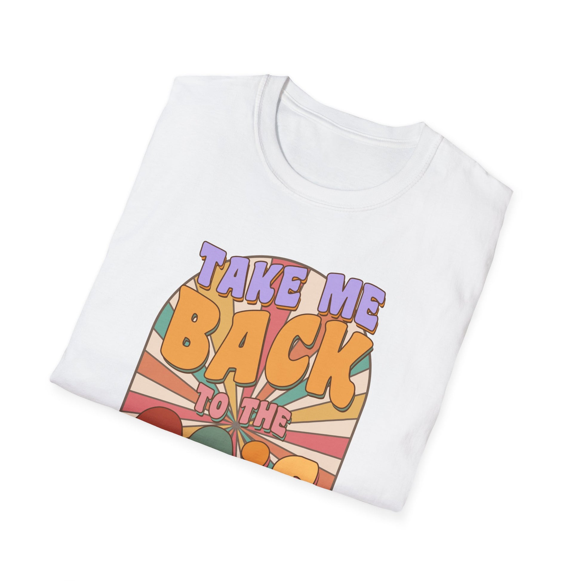 T-Shirt mit buntem Retro-Spruch 'Take me back to the 90’s' und Blumen – nostalgisches Vintage Shirt für 90er Fans