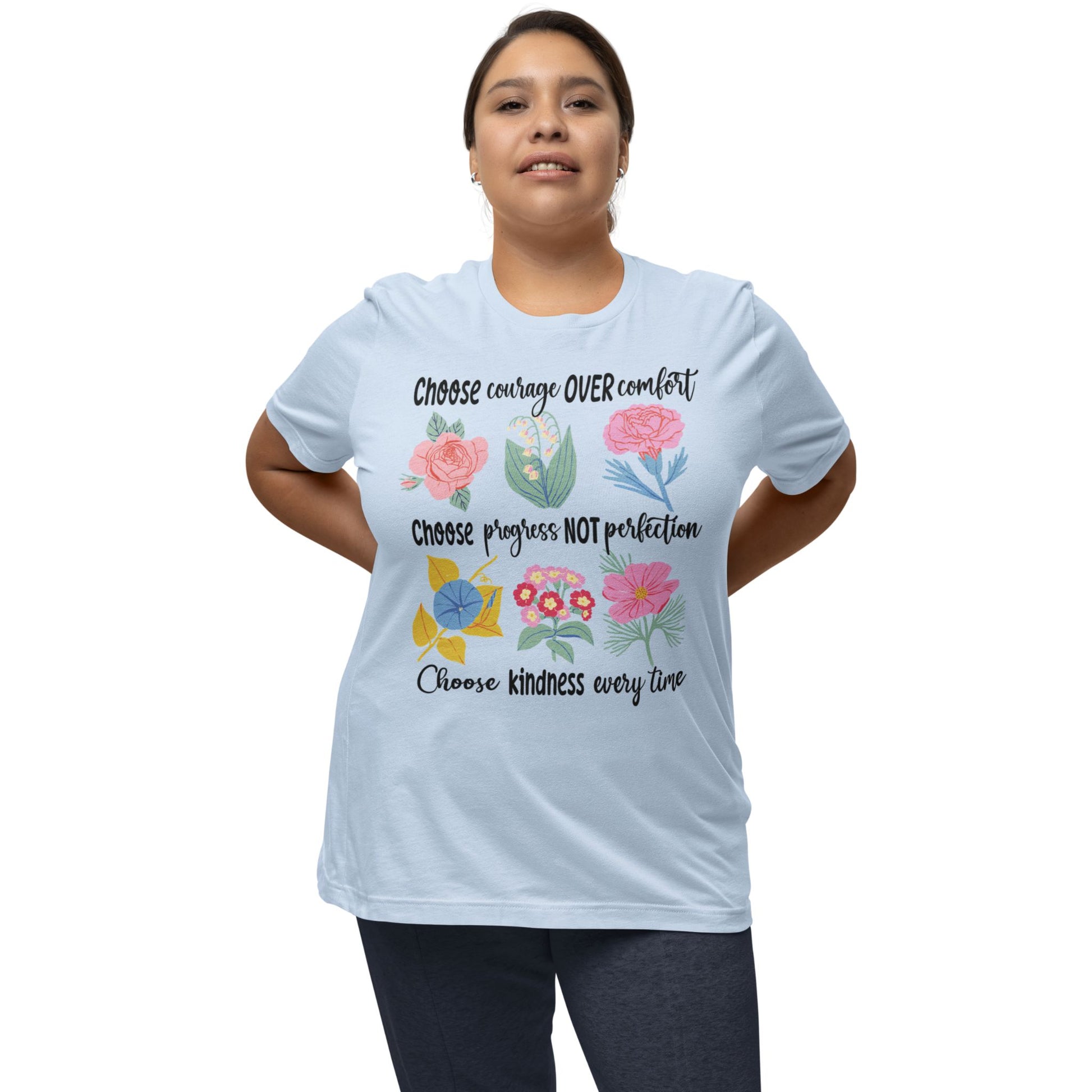 T-Shirt mit Blumenprint und Aufschrift 'Choose Kindness' – feminines Statementshirt für Frauen