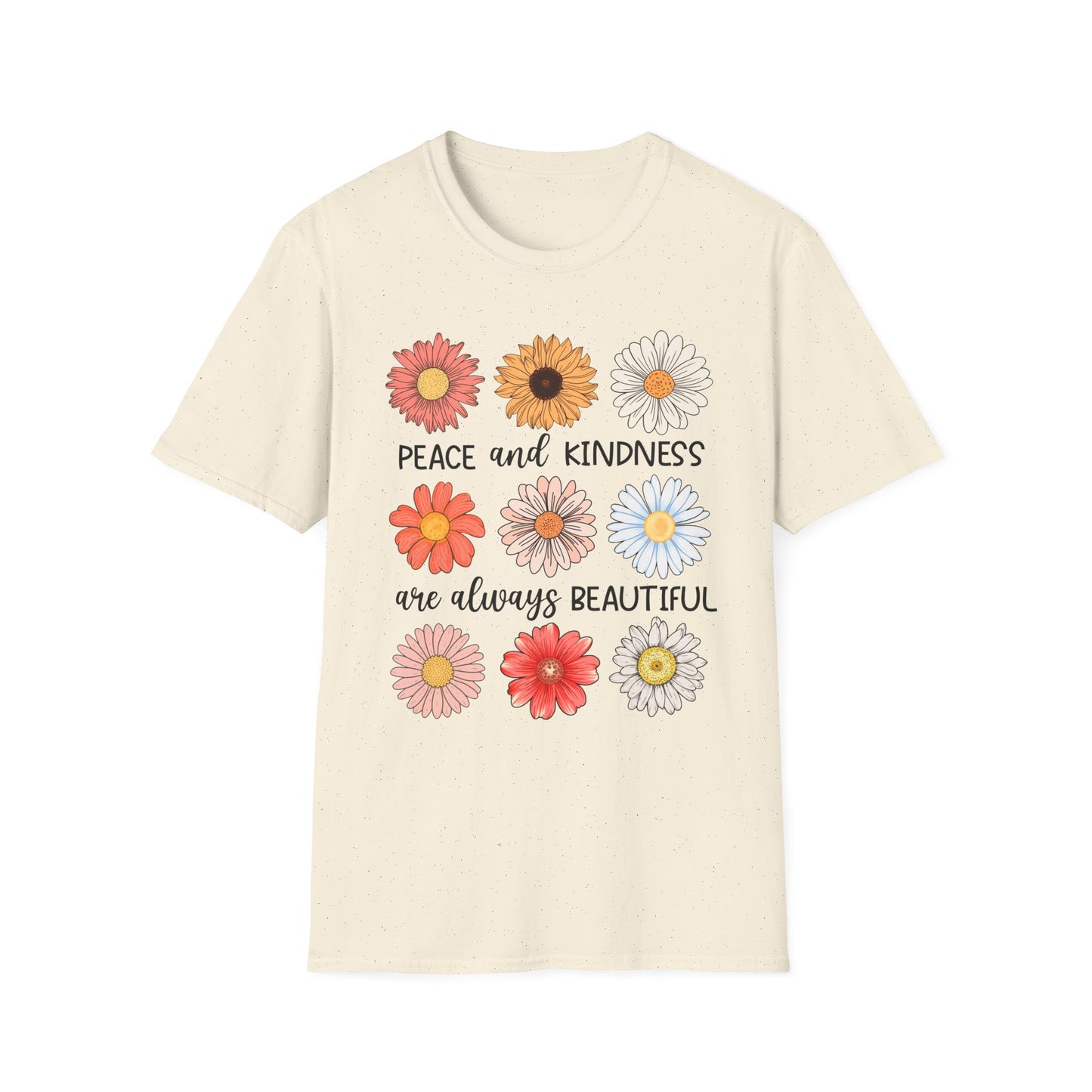 T-Shirt mit Aufschrift 'Peace & Kindness' und Blumenmotiv – feminines Statementshirt für Damen