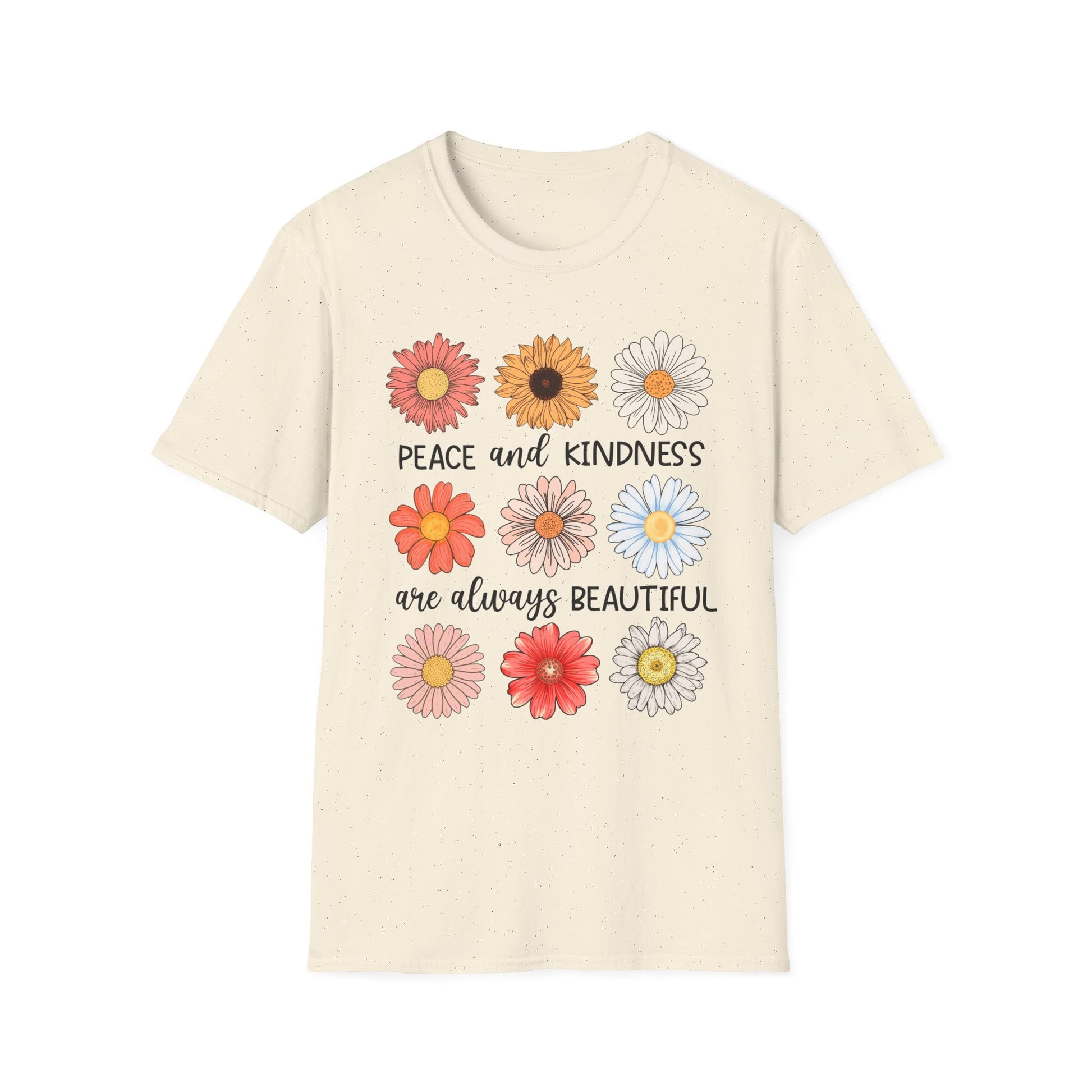 T-Shirt mit Aufschrift 'Peace & Kindness' und Blumenmotiv – feminines Statementshirt für Damen