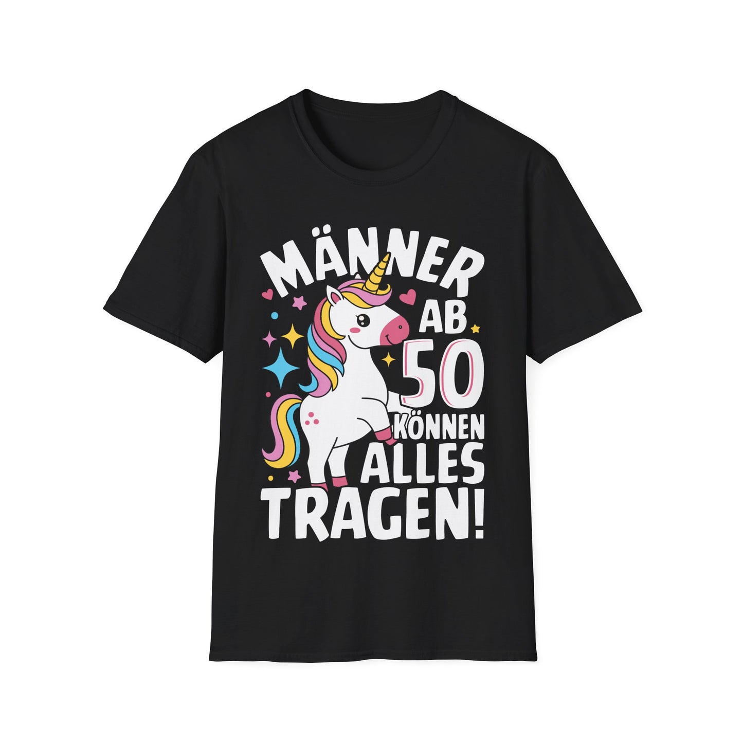 Lustiges Männer T-Shirt mit Einhorn für den 50. Geburtstag – schwarzes Shirt mit bunter Grafik für humorvolle Männer