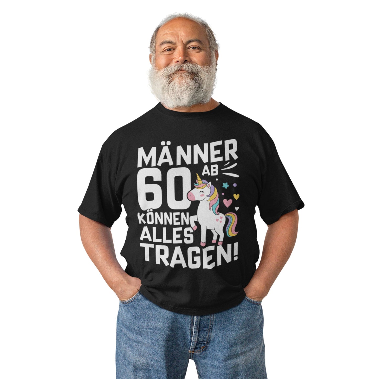 Lustiges Männer T-Shirt mit Einhorn für den 60. Geburtstag – schwarzes Shirt mit bunter Grafik und Humor