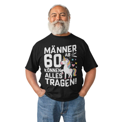 Lustiges Männer T-Shirt mit Einhorn für den 60. Geburtstag – schwarzes Shirt mit bunter Grafik und Humor