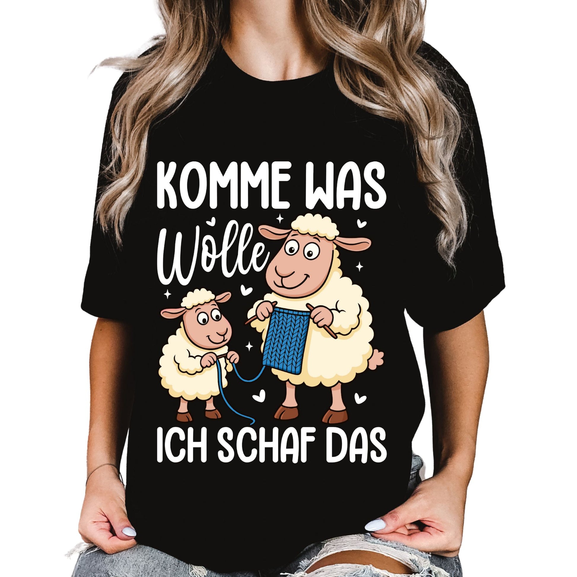 T-Shirt mit Spruch 'Komme was Wolle – Ich Schaf das' und zwei häkelnden Schafen – witziges DIY-Motiv