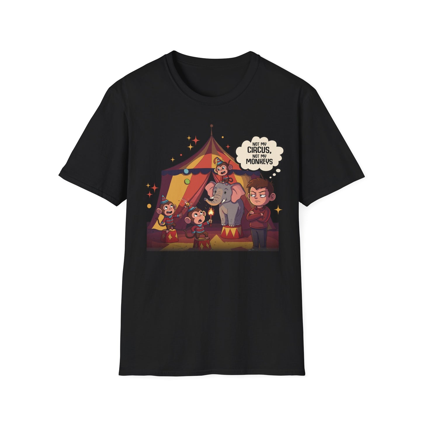 T-Shirt mit Spruch 'Not my circus, not my monkeys' und buntem Zirkusmotiv mit Elefant und Affen – humorvolles Statementshirt
