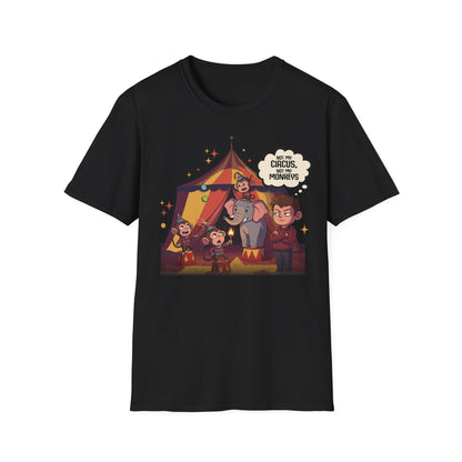 T-Shirt mit Spruch 'Not my circus, not my monkeys' und buntem Zirkusmotiv mit Elefant und Affen – humorvolles Statementshirt