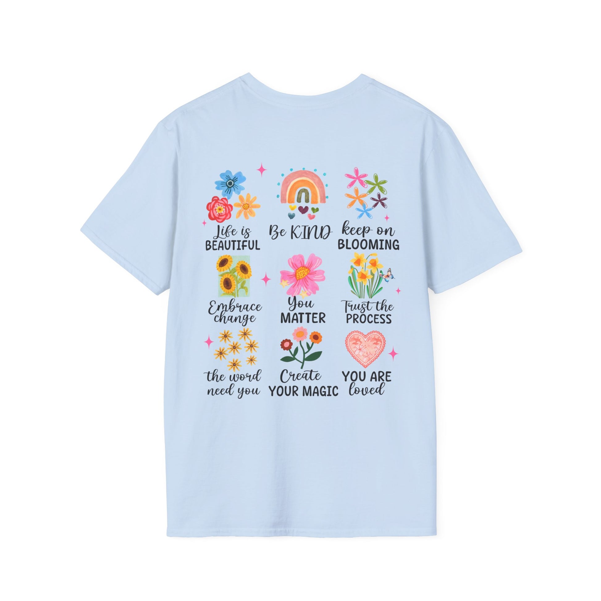 T-Shirt mit Rückenprint für Damen – florale Motive & positive Sprüche – Unisex Shirt in 3 Farben