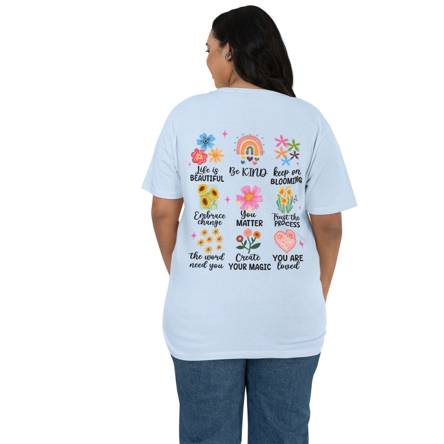 T-Shirt mit Rückenprint für Damen – florale Motive & positive Sprüche – Unisex Shirt in 3 Farben