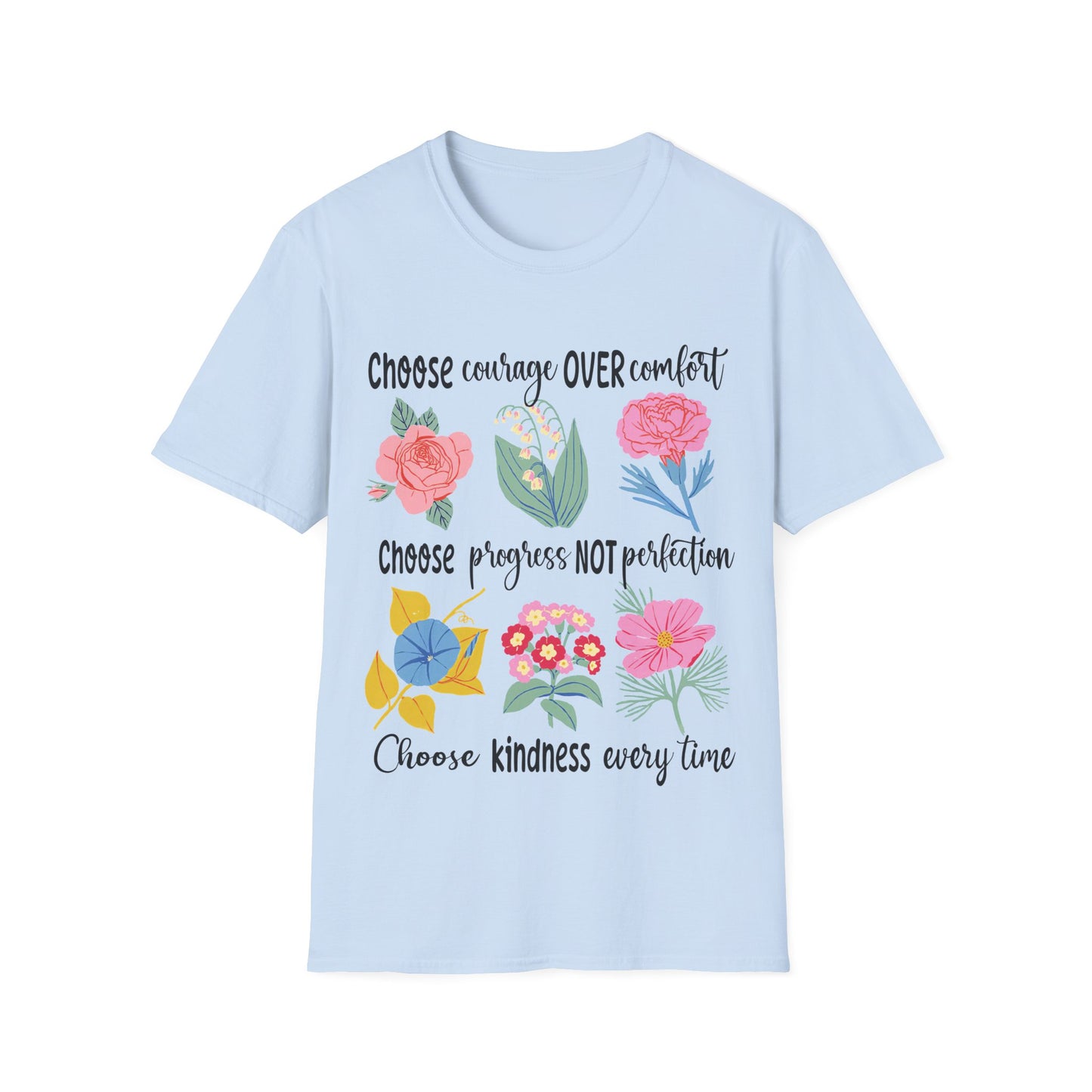 T-Shirt mit Blumenprint und Aufschrift 'Choose Kindness' – feminines Statementshirt für Frauen