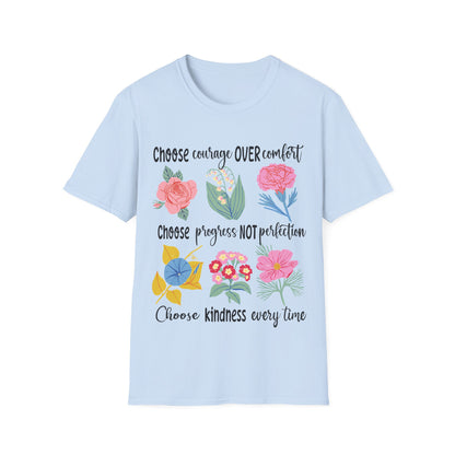 T-Shirt mit Blumenprint und Aufschrift 'Choose Kindness' – feminines Statementshirt für Frauen