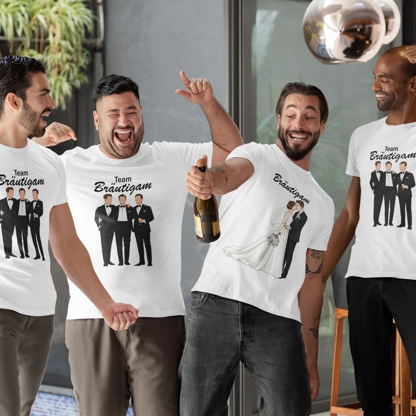 JGA Shirt Set für Männer – weißes Bräutigam-Shirt mit Brautpaar & Team Bräutigam-Shirts mit Freunden im Hochzeitsanzug, ideal für stilvollen Junggesellenabschied