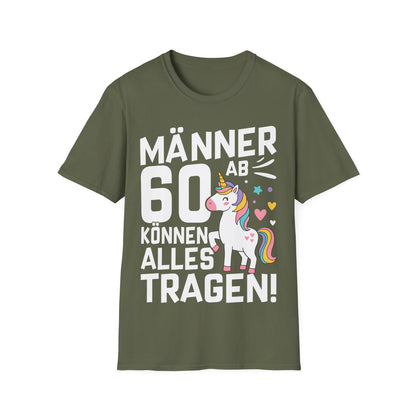 Lustiges Männer T-Shirt mit Einhorn für den 60. Geburtstag – schwarzes Shirt mit bunter Grafik und Humor