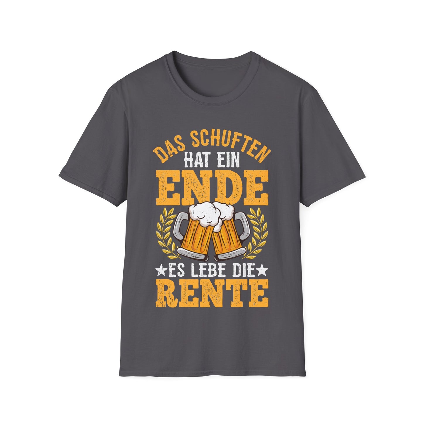 T-Shirt mit Spruch 'Das Schuften hat ein Ende – Es lebe die Rente' und Bier-Motiv – witziges Ruhestandsgeschenk