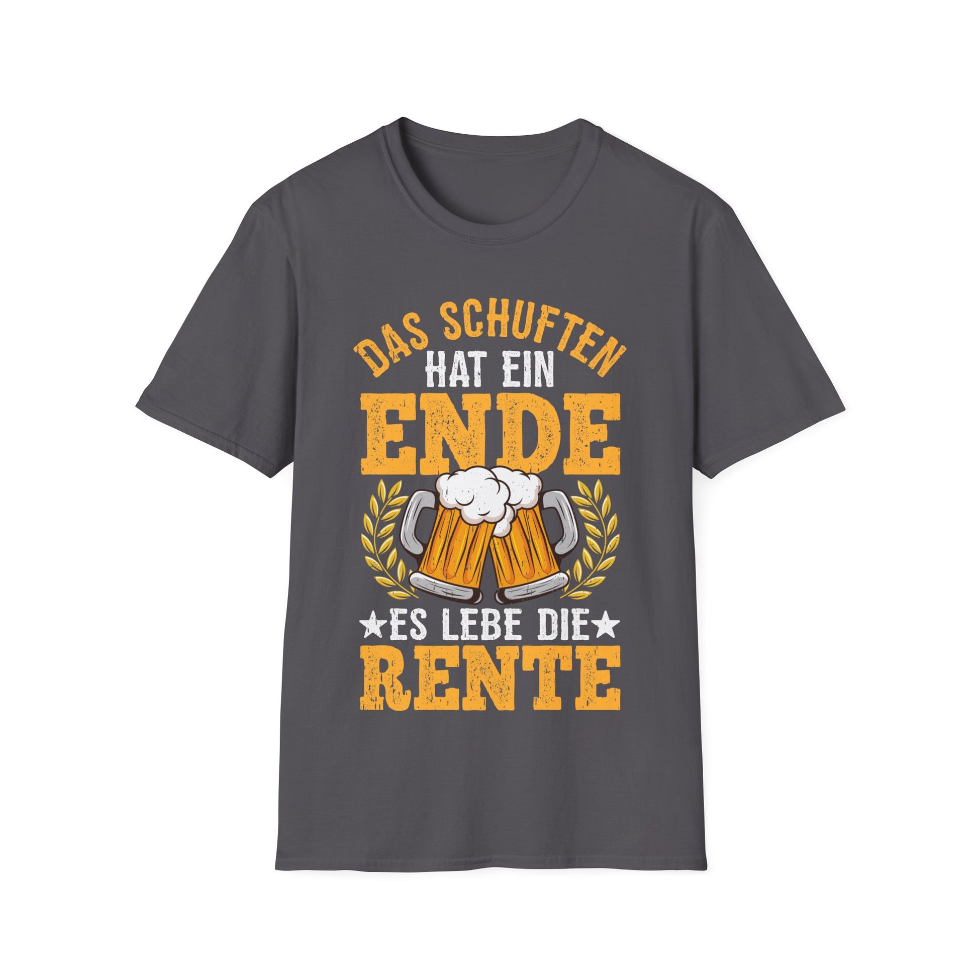 T-Shirt mit Spruch 'Das Schuften hat ein Ende – Es lebe die Rente' und Bier-Motiv – witziges Ruhestandsgeschenk
