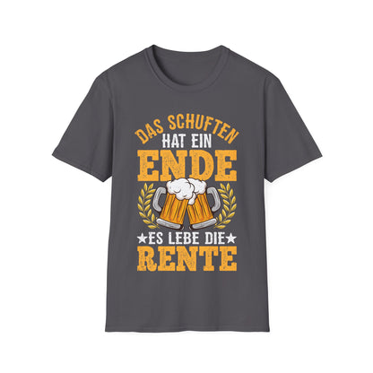 T-Shirt mit Spruch 'Das Schuften hat ein Ende – Es lebe die Rente' und Bier-Motiv – witziges Ruhestandsgeschenk