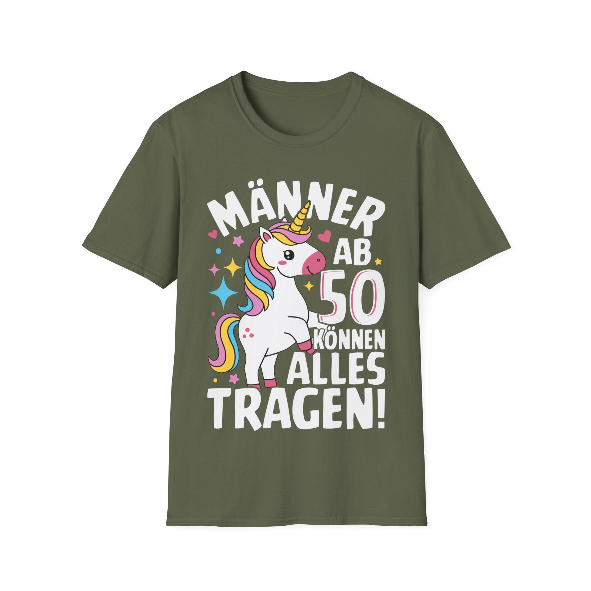 Lustiges Männer T-Shirt mit Einhorn für den 50. Geburtstag – schwarzes Shirt mit bunter Grafik für humorvolle Männer