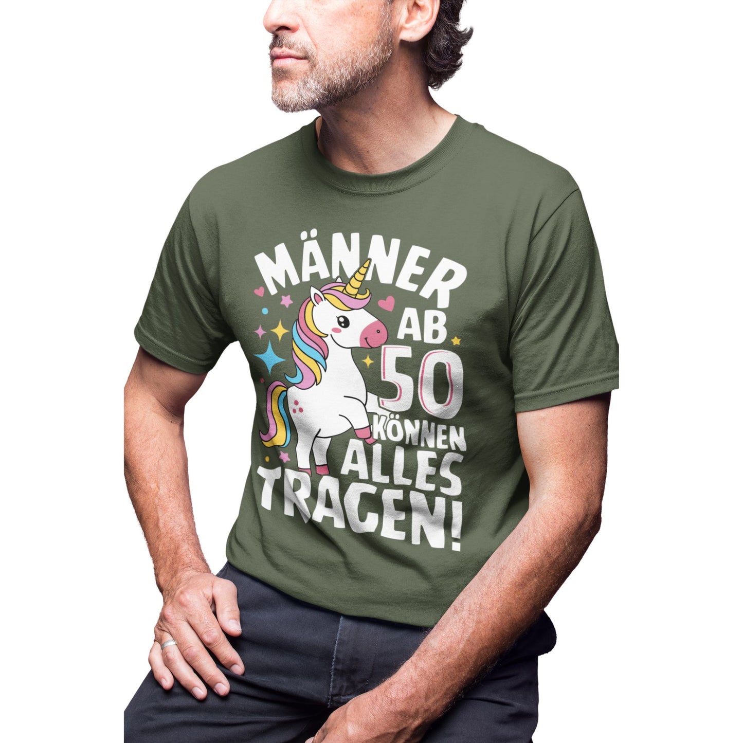 Lustiges Männer T-Shirt mit Einhorn für den 50. Geburtstag – schwarzes Shirt mit bunter Grafik für humorvolle Männer