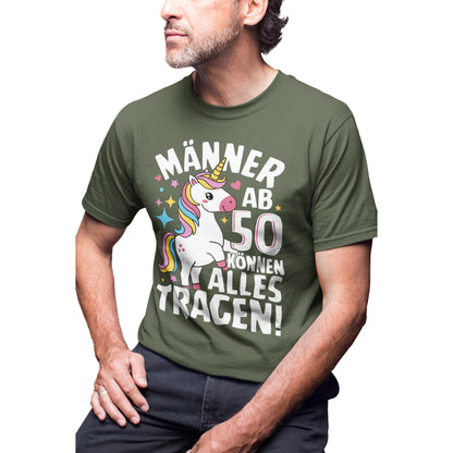 Lustiges Männer T-Shirt mit Einhorn für den 50. Geburtstag – schwarzes Shirt mit bunter Grafik für humorvolle Männer