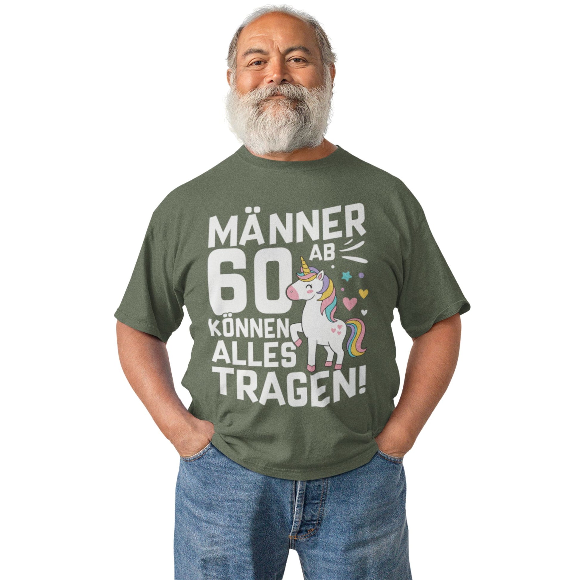 Lustiges Männer T-Shirt mit Einhorn für den 60. Geburtstag – schwarzes Shirt mit bunter Grafik und Humor