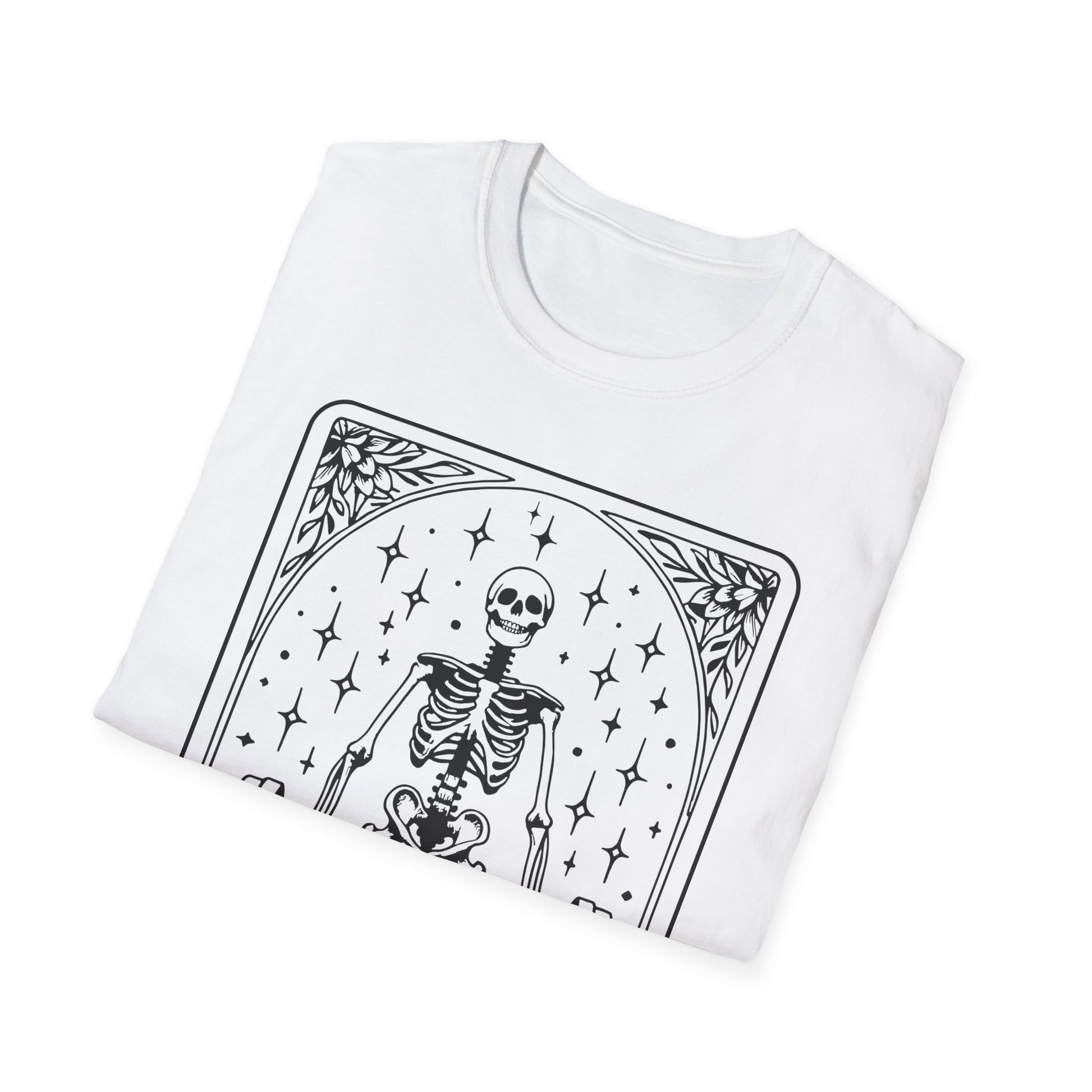 Dead Lift T-Shirt – schwarzes Unisex Shirt mit Tarotkarten Design, Skelett hebt Gewichte im Fitnessstudio